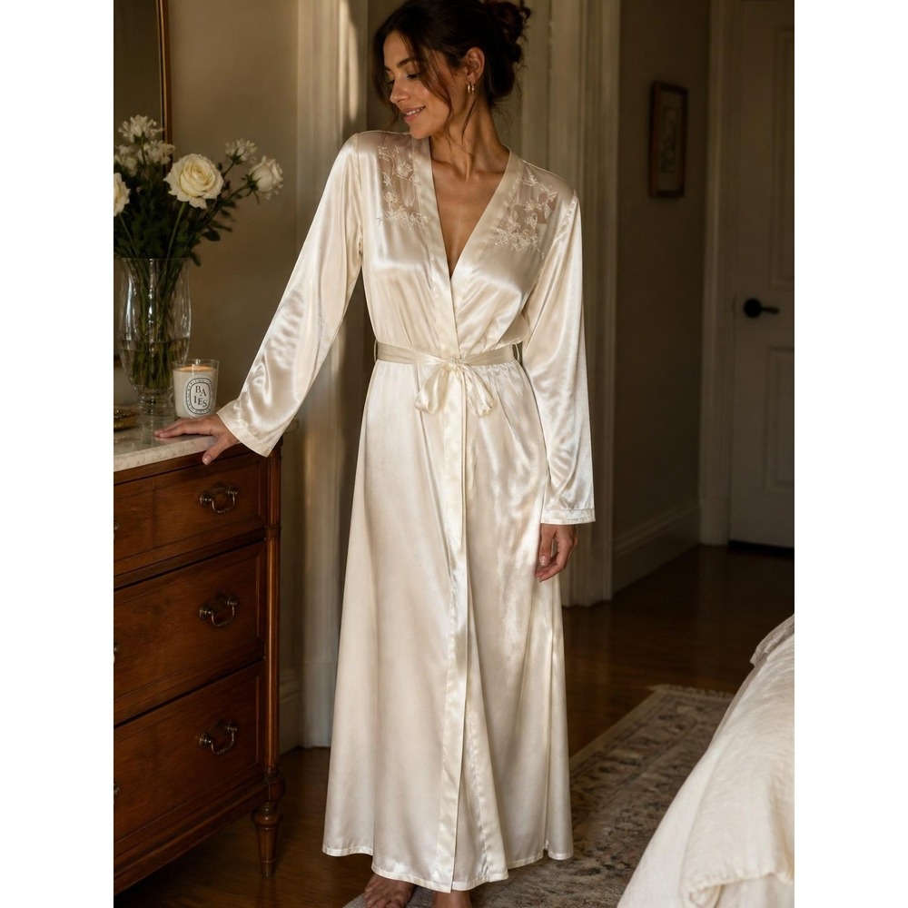 Vintage Oscar De La Renta Floral Sheer Satin Robe Bridal Wedding Lingerie M
